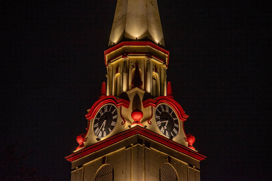 The clock tower of the Sacred Heart Church, which has a gong mechanism that goes back to 1834 