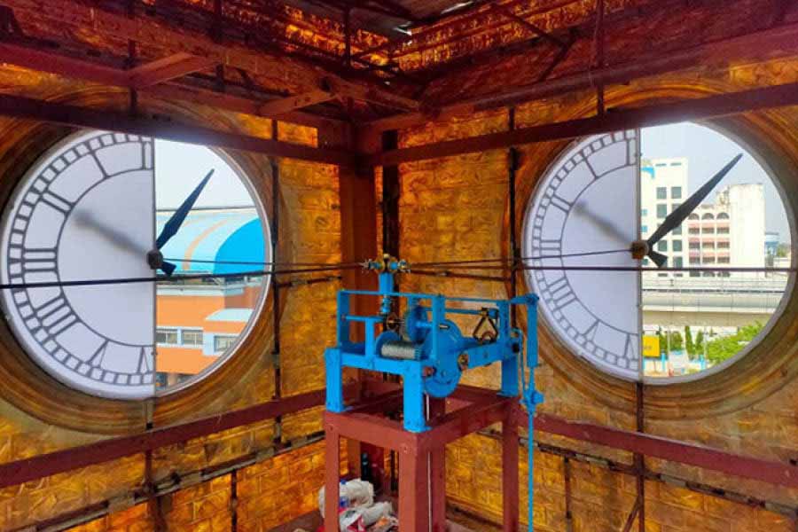 An inside view of the clock tower Swapan Dutta and his son made functional near Karunamoyee bus station. ‘We have been multi-generational clock repairers; if you count my son, who is also engaged in the same profession, then we are five generations,’ he says 