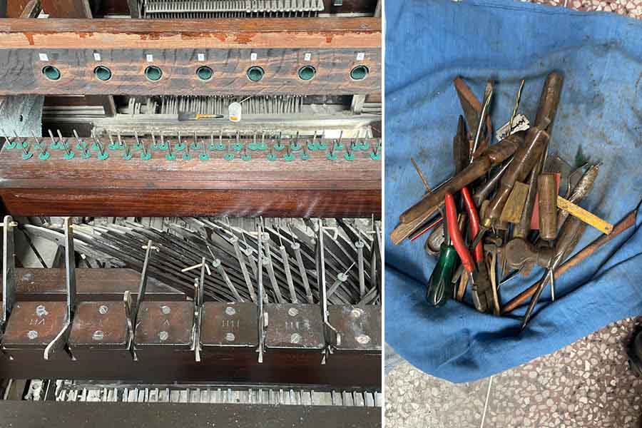 The innards of the organ at Sacred Heart Church and the tools of Tapan Das’s trade   