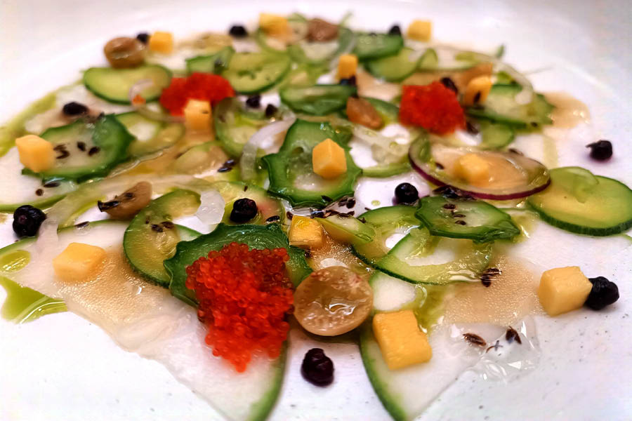  ⁠Gourd Carpaccio — Jhinge, ninua, chalkumro, pickled dumur and dill seed oil