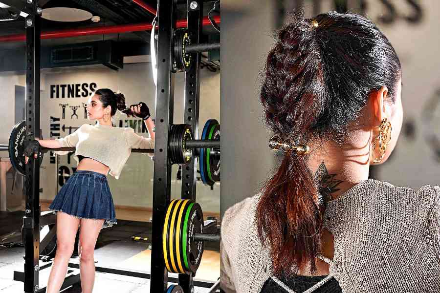 Hip and young, for this look, Neha had a “grunge princess going boxing” in mind. The knit top and mini skirt were made cooler with a stylish ponytail secured with the coolest hair ties (inset).  Knit top and denim skirt: Zara; jewellery and hair ties: Zohra
