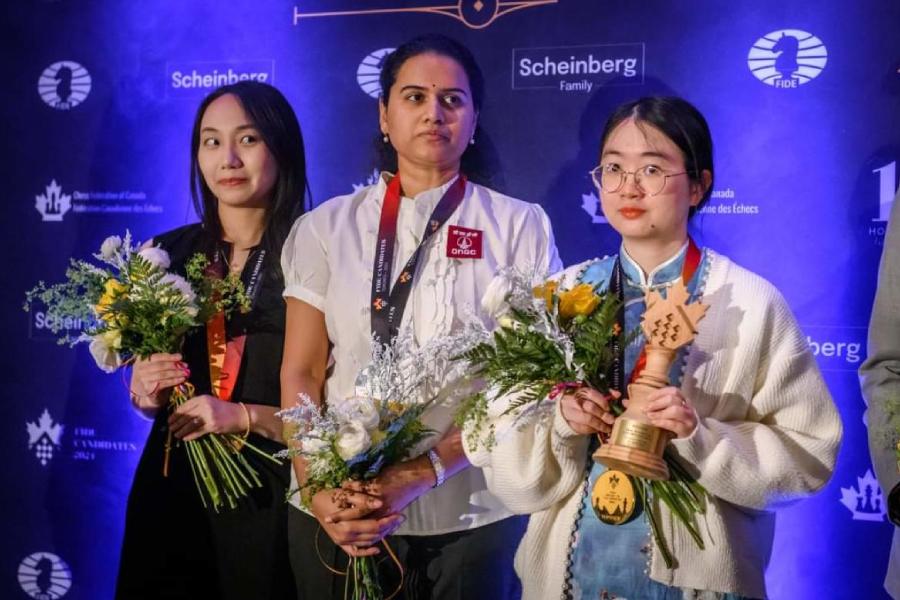 In a picture shared on X, Indian Grandmaster 1 Koneru Humpy, who finished second in the women's event, is flanked by Chinese Grandmasters Zhongyi Tan (champion) on the right and Tingjie Lei (third) at the Candidates Chess 2024.