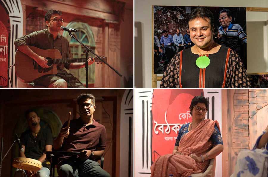 (Clockwise from top left) Singer-composer-author Anupam Roy, Sujoy Prosad Chatterjee, theatre activist Daminee Basu and actor Anirban Bhattacharya were at the event 
