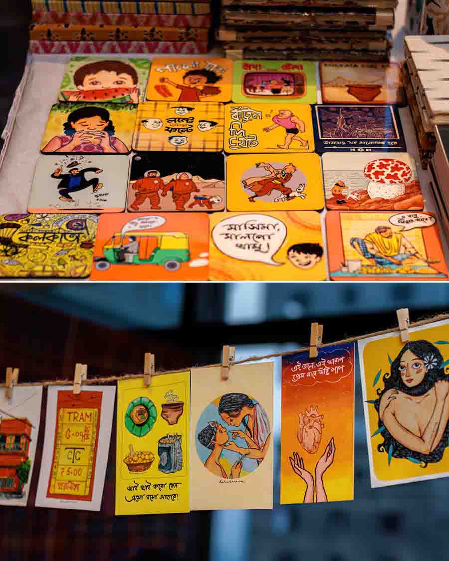 From tram tickets to pop culture phrases, cartoons to doodles — the event also exhibited a few popular nuggets of Bengali culture. Fashion and food also found their place, making the weekend at KCC a non-stop ‘adda’ spot