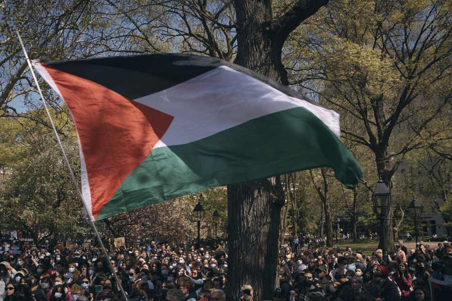 Students demanding a permanent ceasefire in Gaza demonstrate near New York University at Washington Square Park in Manhattan, Tuesday, April 23, 2024.