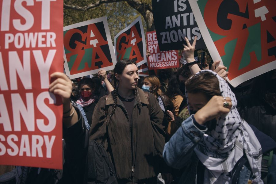 Students demanding a permanent ceasefire in Gaza demonstrate near New York University at Washington Square Park in Manhattan, Tuesday, April 23, 2024.