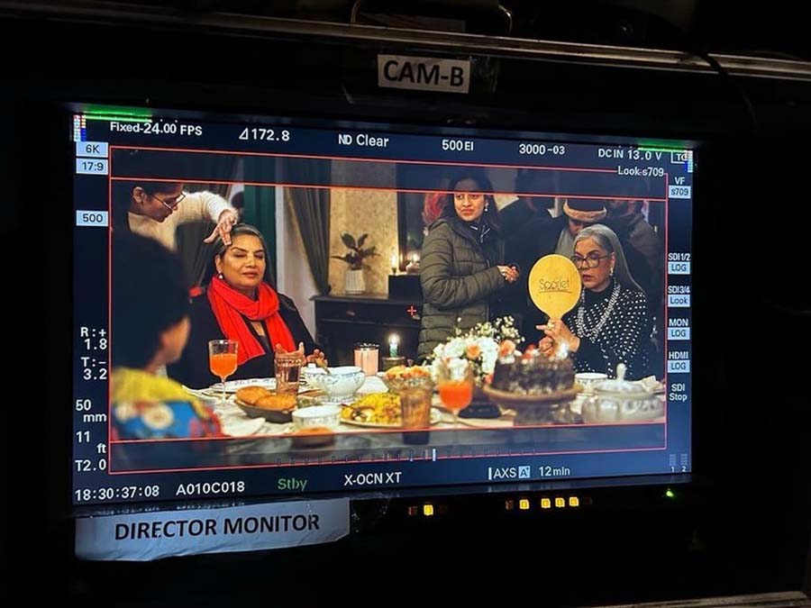 Shabana and Zeenat were clicked getting finishing touches to their makeup before shoot. While the Rocky Aur Rani Kii Prem Kahaani actress sported a black jacket paired with a red muffler, the Don actress exuded elegance in a black sari featuring polka dots. 