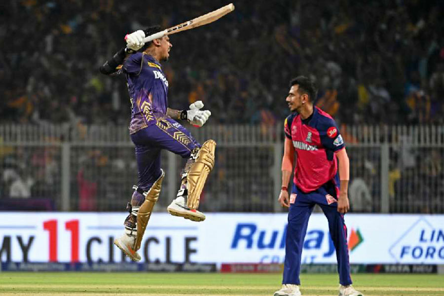 Sunil Narine celebrating his maiden IPL hundred against RR