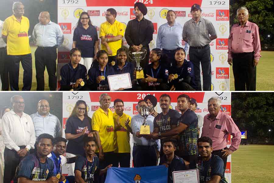  (Top) The Chhattisgarh women’s champions team and (above) the Indian Air Force men’s champions team at the All India Cycle Polo Invitation Cup 2024 at the Calcutta Cricket and Football Club. b