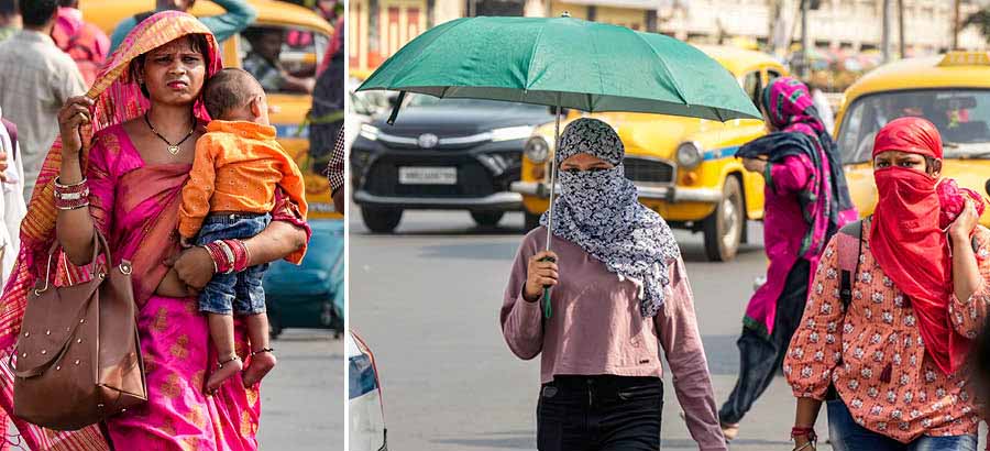 A woman covers her head against the scorching sun in Kolkata and (right) other pedestrians too pad up in view of the searing heat sweeping south Bengal for the past many days. The IMD has ruled out any relief before the first week of May 