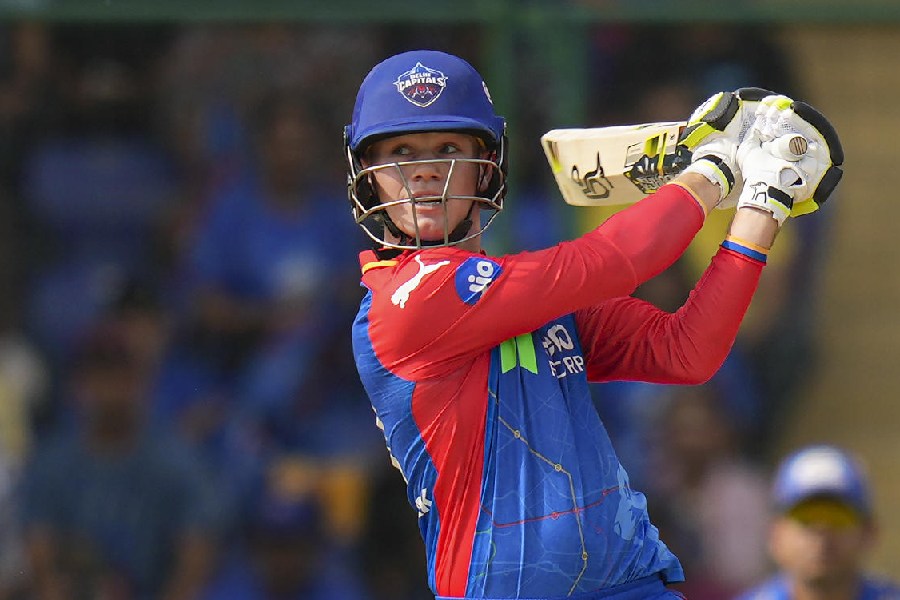 Delhi Capitals’ Jake Fraser-McGurk during his thunderous innings of 84 off 27 balls against Mumbai Indians in Delhi on Saturday. The young Australian went on to win the Man of the Match award after Delhi’s 10-run win.