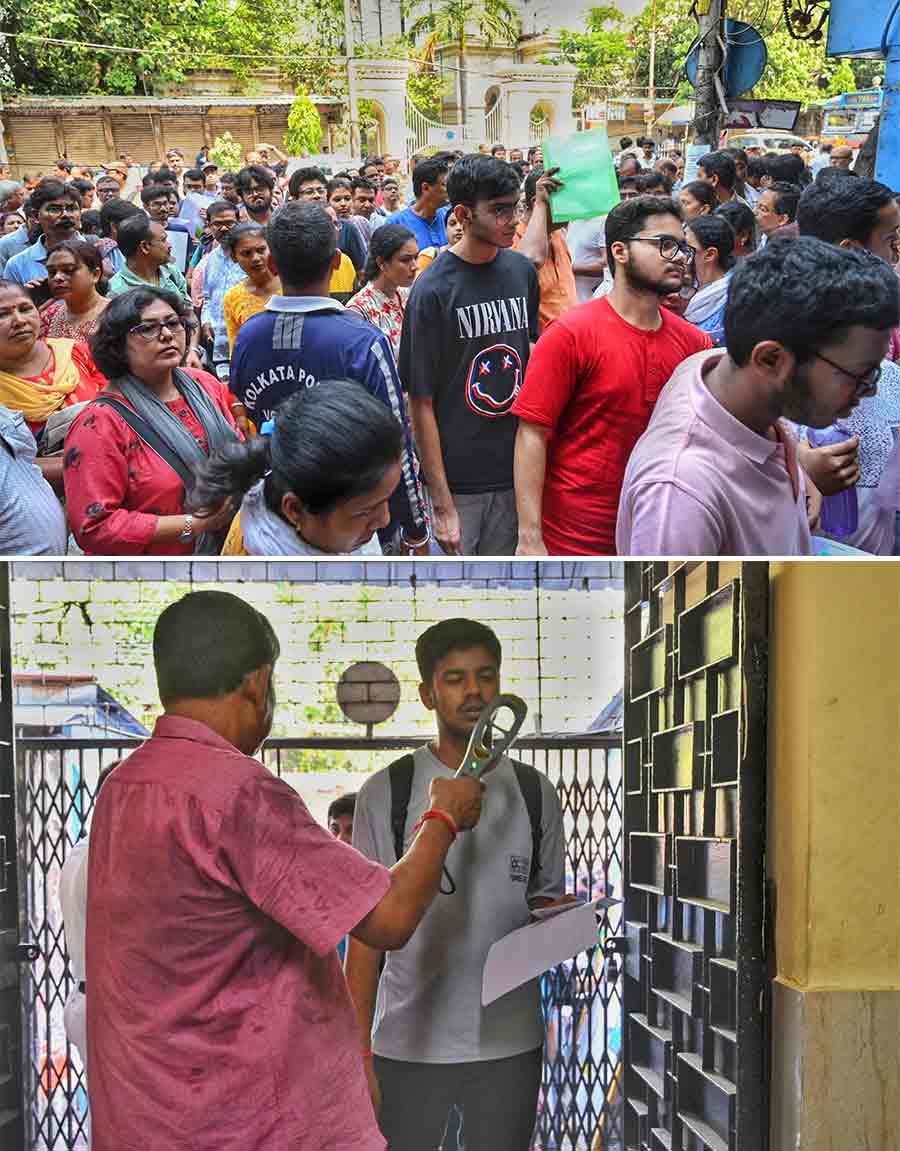 Students assembled at the Hindu School for the West Bengal Joint Entrance Examination (WBJEE) on Sunday  