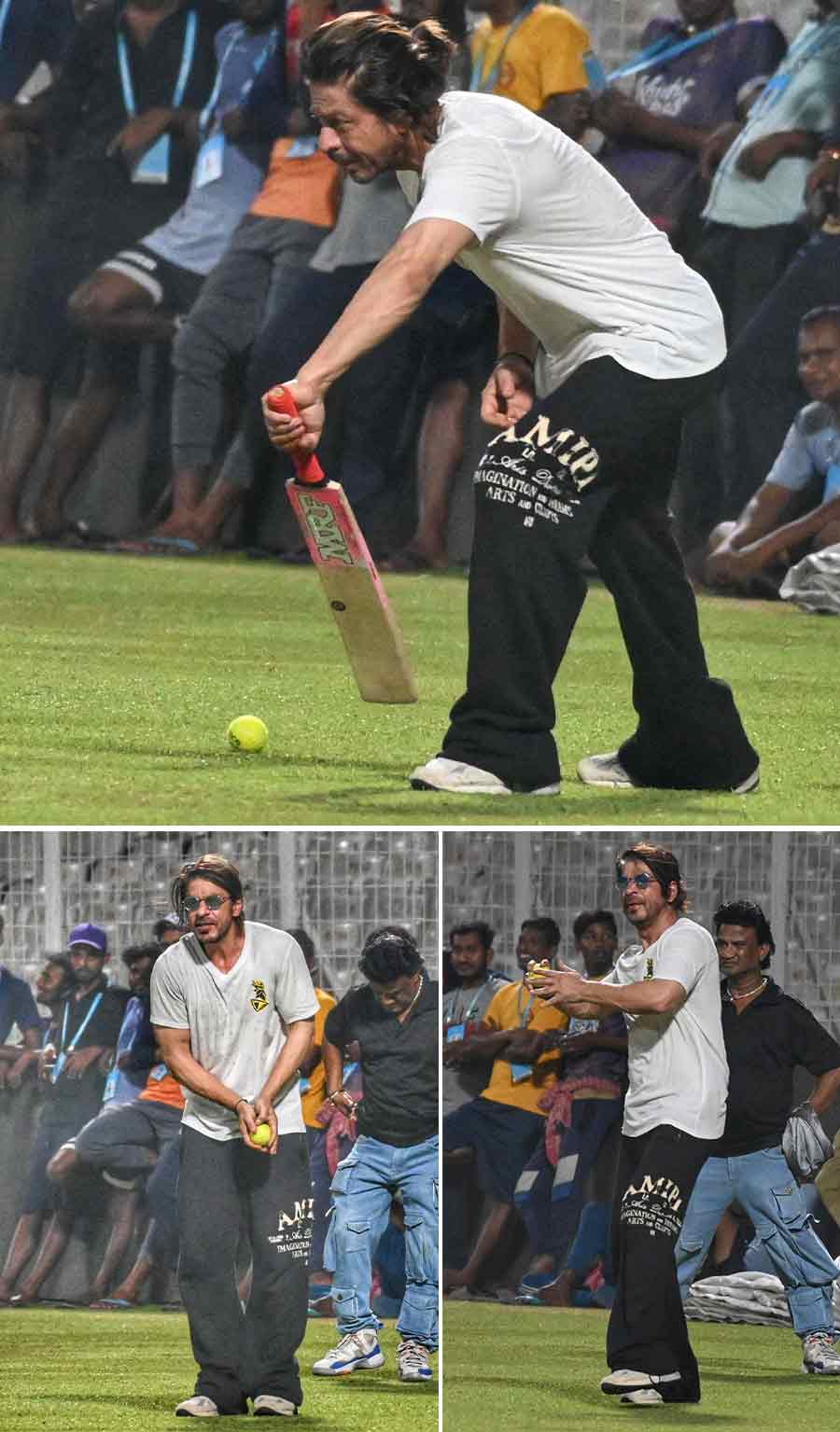 Batting. Check. Bowling. Check. Fielding. Check. A day before the Kolkata Knight Riders vs Delhi Capitals match on Monday, Shah Rukh Khan was seen trying his hand in every department of the game at the Eden Gardens