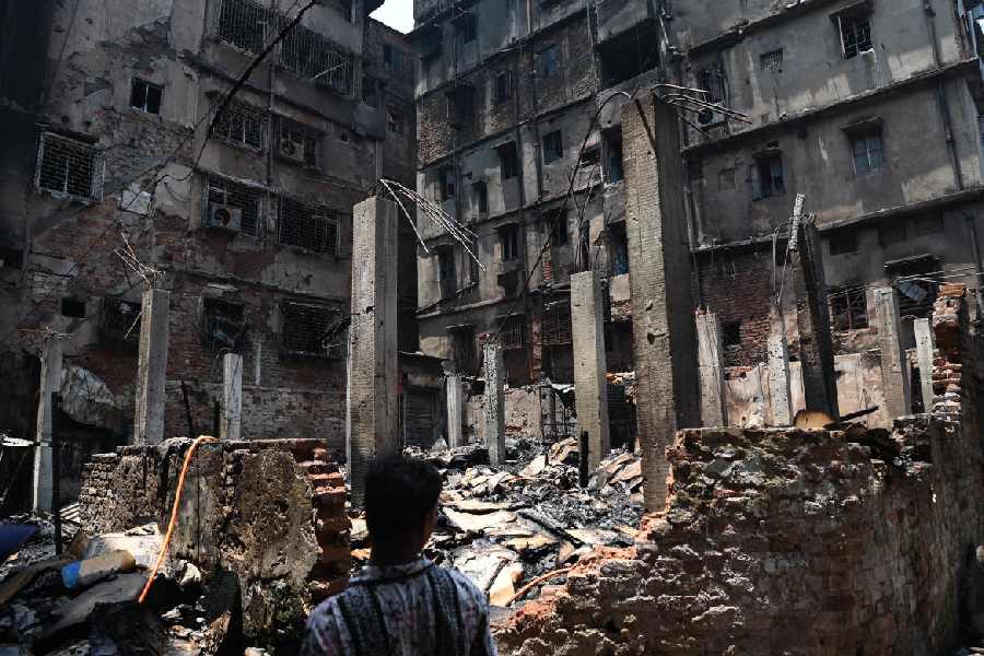 The gutted godown in the Burrabazar area on Monday.