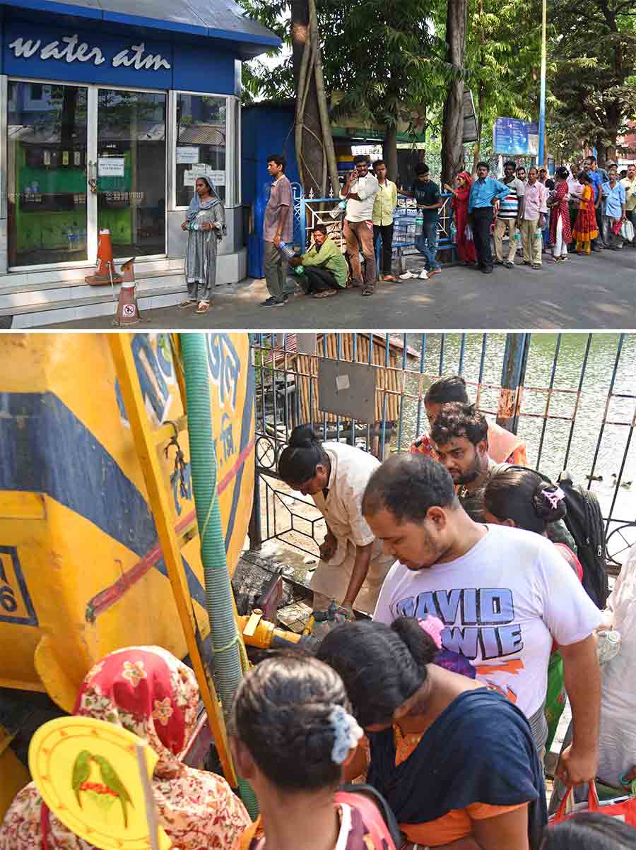 The weather during the day brought about discomfort with maximum humidity pegged at 86%. Kolkata Municipal Corporation water tankers were spotted at several spots around the city. Patients and patient parties were seen queuing up in front of the water ATM at SSKM  