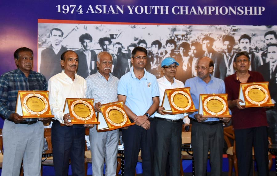 Fifty years of India's triumph in the 1974 Asian youth championship was celebrated at Hotel Hindusthan International on Tuesday. Kalyaan Choube, AIFA president, felicitated mementos to (L-R) players CC Zekob, Goutam Das, SP Kumar, Kalyan Choube, Dilip Palit, Sabir Ali and Sisir Guhadastider  