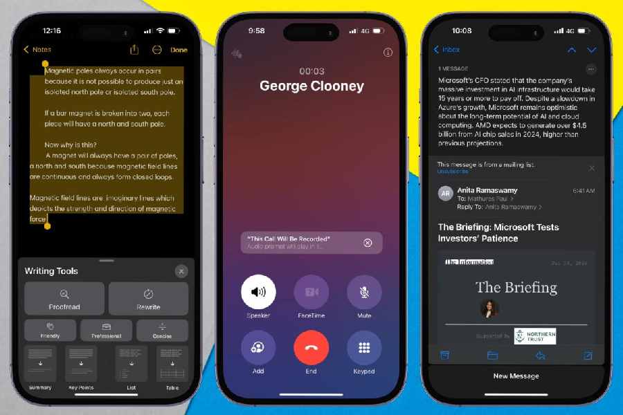iOS 18.1 developer beta will keep getting better over the weeks. We tried (left to right) Writing Tools, Call Recorder and summary in Mail.