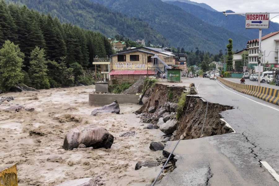 The partially washed-away Manali-Chandigarh highway is seen alongside a swollen Beas River at Manali, following a recent cloudburst in Kullu district, Thursday, Aug. 1, 2024. 