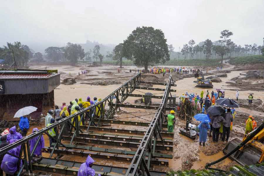 A Bailey bridge being constructed after landslides triggered by heavy rain at Chooralmala, in Wayanad district, Wednesday, July 31, 2024