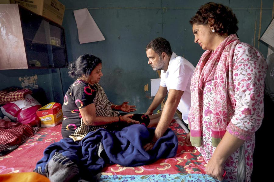 Leader of Opposition in the Lok Sabha Rahul Gandhi with AICC General Secretary Priyanka Gandhi Vadra visits a relief camp for people affected by the landslides, at Meppadi in Wayanad district.