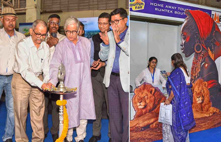 Senior special secretary Soumitra Sankar Sengupta and Akademi Award winner in Bengali literature Swapnomoy Chakraborty inaugurated Kolkata Tourism Fair in the presence of dignitaries from different state tourism departments and association members. The fair is being held at Khudiram Anushilan Kendra from August 2 to 4 between 11am and 8pm. (Right) A visitor checks a pamphlet of tour details at a stall at the fair 