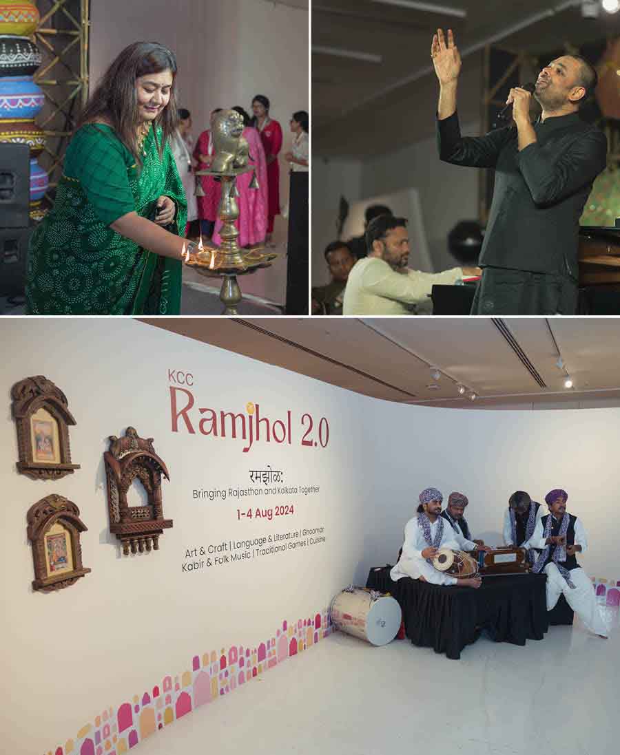 (Clockwise from top left) Kolkata Centre for Creativity chairperson Richa Agarwal lights the inaugural lamp at Ramjhol 2.0 at KCC off the EM Bypass; Sourendro-Soumyojit perform at the event and other folk artistes put up a musical show