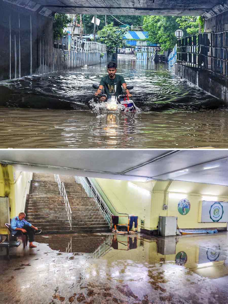 (Top) A biker negotiates a waterlogged stretch under the Patipukur underpass on August 3 and (above) rainwater accumulates inside the new subway at the Hyatt Regency crossing on the EM Bypass  