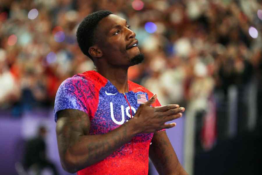 Fred Kerley of United States celebrates after winning bronze