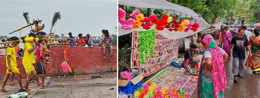 Devotees gather on the banks of the Hooghly at Nimtala Ghat in north Kolkata to collect ‘Gangajal’ on the third  Monday of Sawan and (right) a woman browses through decorative items on sale nearby