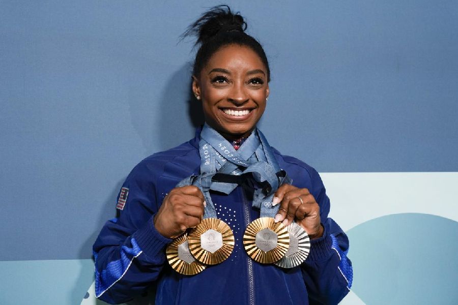 Simone Biles with her medals from the Paris Games, on Monday.