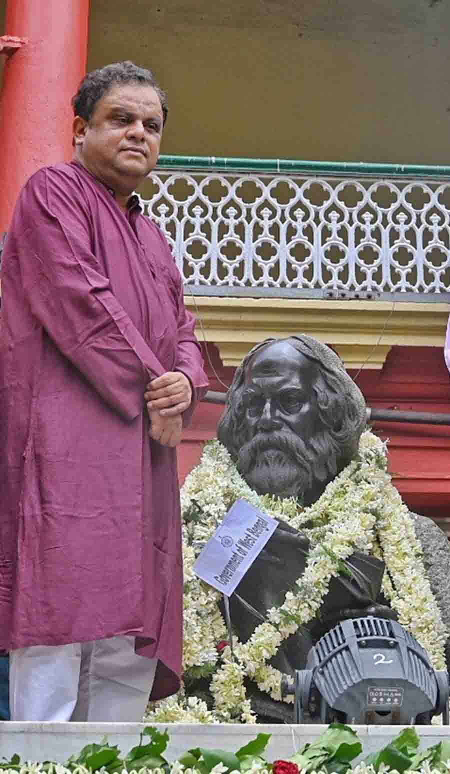 Education minister Bratya Basu pays tribute to Rabindranath Tagore at Jorasanko Thakurbari on Baishe Srabon