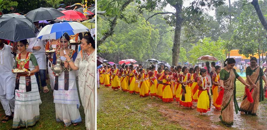 Students of Visva-Bharati University danced while taking part in a ‘Briksha Ropan’ at Santiniketan