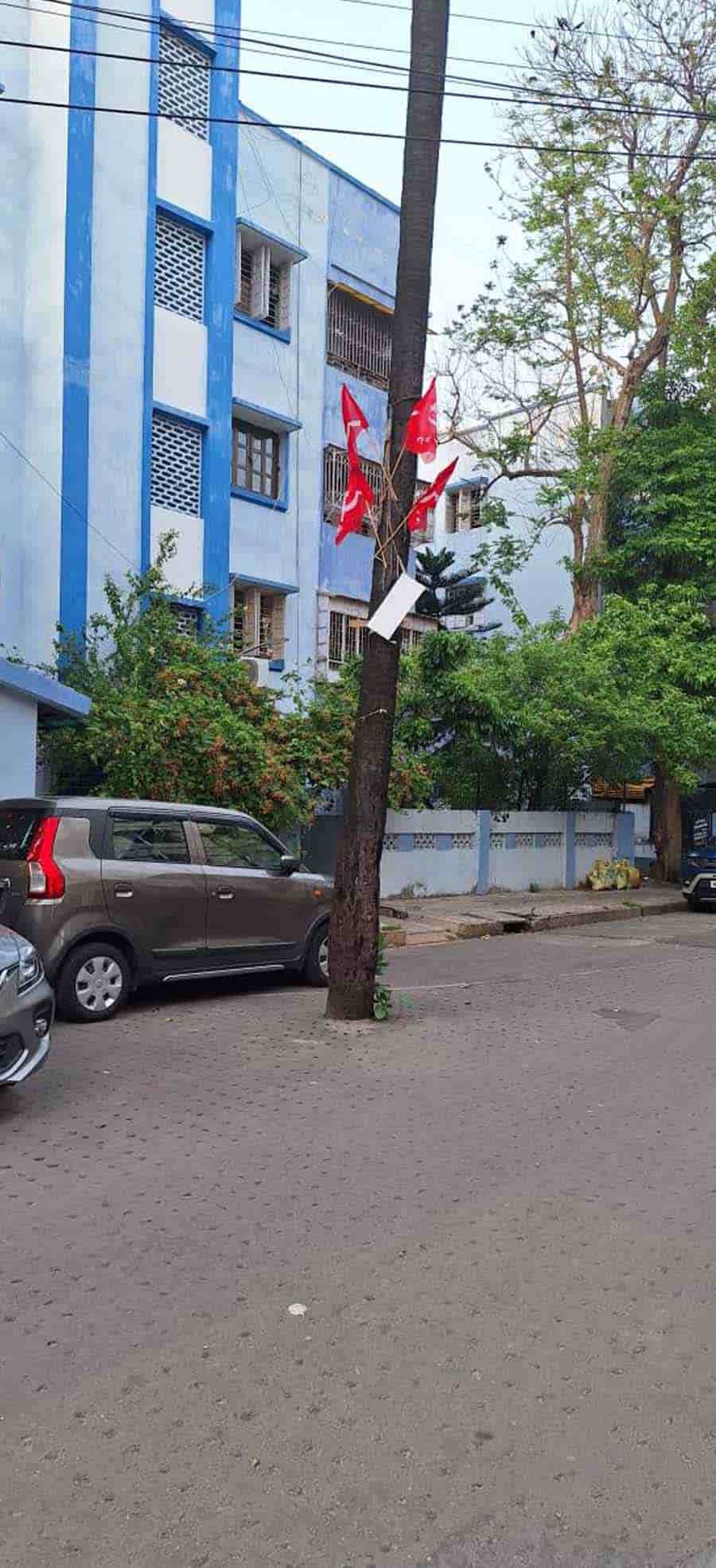 CPM flags fly on a palm tree out the Palm Avenue residence of former chief minister Buddhadeb Bhattacharjee.  