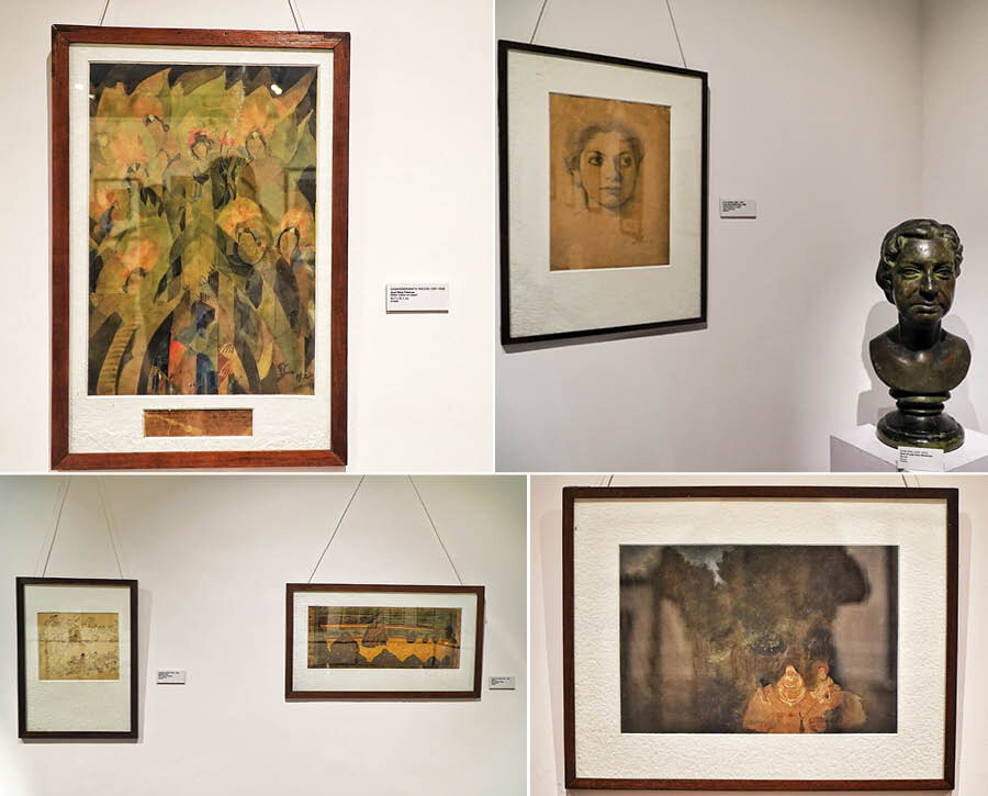 The third room of the gallery is dedicated to artworks by eminent names of contemporary art. Gaganendranath Tagore’s ‘Saat Bhai Champa’, Atul Bose’s ‘Lady Ranu Mookerjee’ portrait, Abanindranath Tagore’s ‘Musafir’ and Nandalal Bose’s ‘Basanta’ (L) are some of the paintings. The mediums are watercolour on paper for all four paintings by the three ‘pathikrits’ of Bengali art and culture