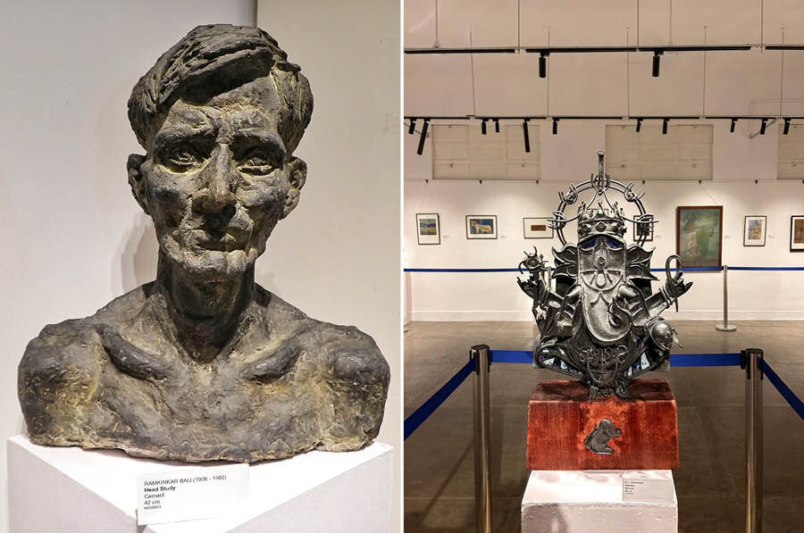 Not to miss among the sculptures is Ramkinkar Baij’s ‘Head Study’ and PV Jankiram’s bronze statue of Ganesha