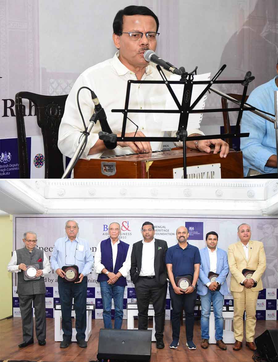 (Top) The Bengal Chamber of Commerce & Industry, Bengal Heritage Foundation, UK, and British Deputy High Commission organised a panel discussion on 'Dwarkanath Tagore: Visionary of a New Era' on August 8. Present at the event were (from L-R) Subrata Paul, corporate adviser and independent director, adviser to Simplex Infrastructure Ltd. and independent director, BTL EPC Ltd, president of Indo British Scholars’ Association; G M Kapur, state convener, Indian National Trust for Art and Cultural Heritage (INTACH); Barun Chandra, renowned actor and author; Suranjan Som, chairperson, Bengal Heritage Foundation, UK; Amit Guha, general secretary, Bengal Heritage Foundation, UK; Arunava Bardhan, director, Adamas UK; Sreedip Roy, partner, Bengal Jewellery LLP. (Bottom) Prabuddha Raha also put up a musical performance on the occasion   