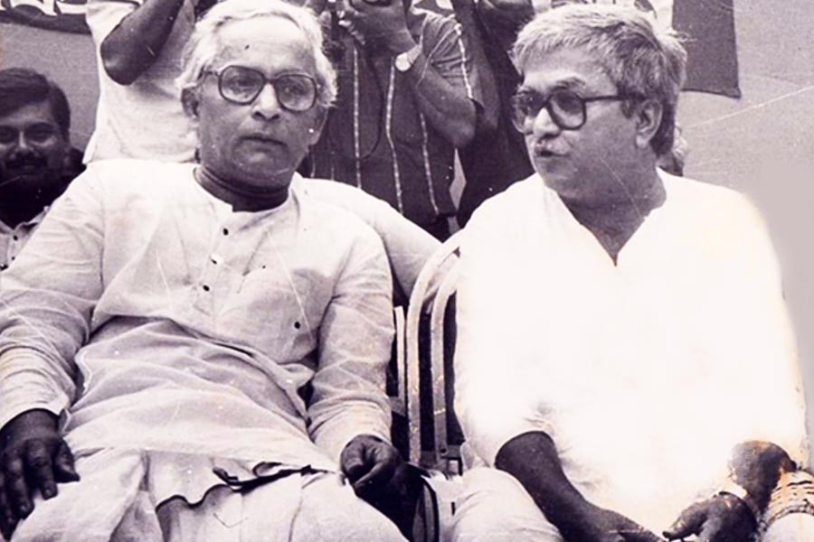 Buddhadeb Bhattacharjee and Biman Bose at a party meeting