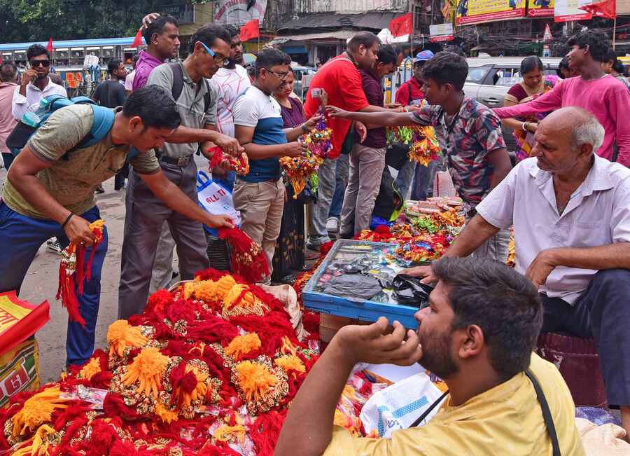 Rakhis being sold on wholesale rates at Strand Road in Burrabazar on Friday. Raksha Bandhan falls on August 19 this year