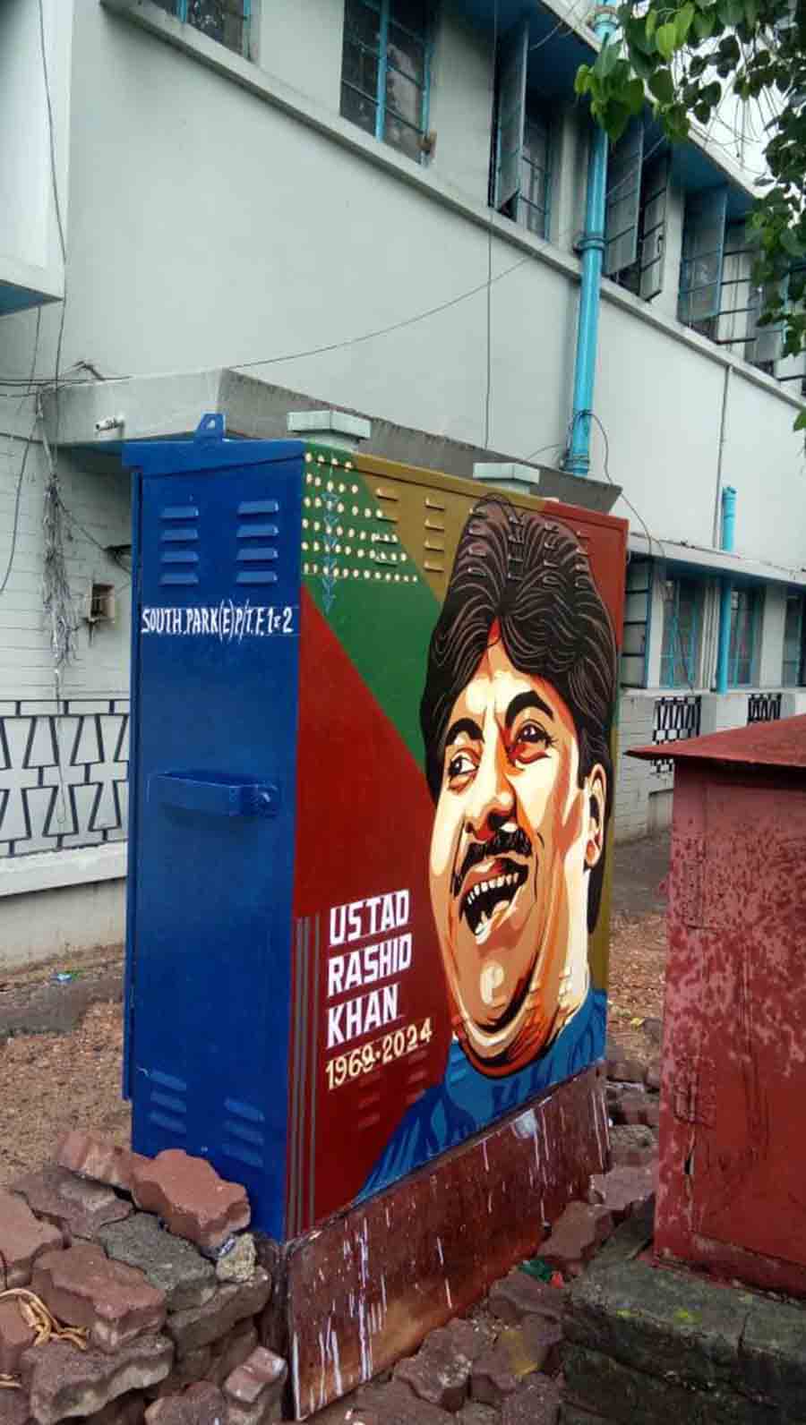 This freshly painted CESC electricity distribution box near Golpark sports the portrait of Indian classical musician Ustad Rashid Khan who passed on in January this year