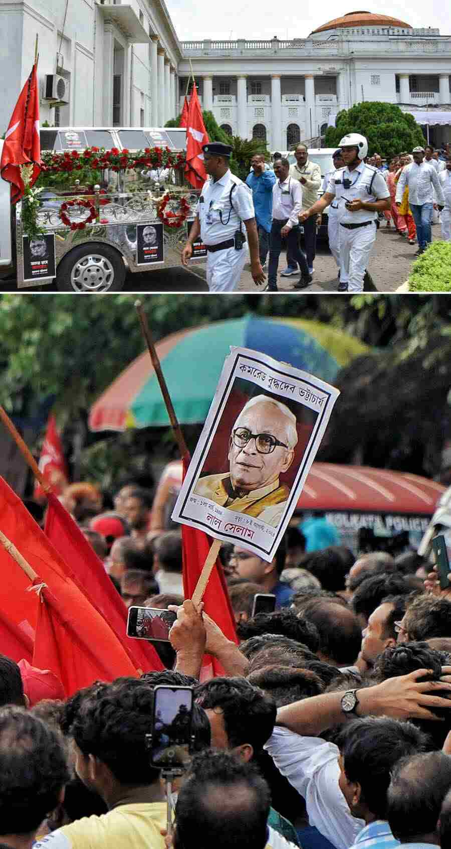 (Top) The hearse carrying the mortal remains of former chief minister Buddhadeb Bhattacharjee takes part in a mourning procession at the Legislative Assembly on Friday and (above) his body was finally taken to NRS Medical College and Hospital around 4pm, where  thousands of people gathered to pay their last respects