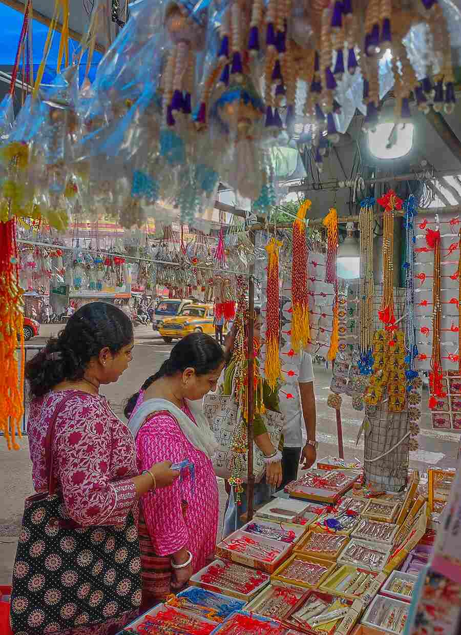 Women shop for rakhis at Gariahat on August 10. Raksha Bandhan falls on August 19 this year  