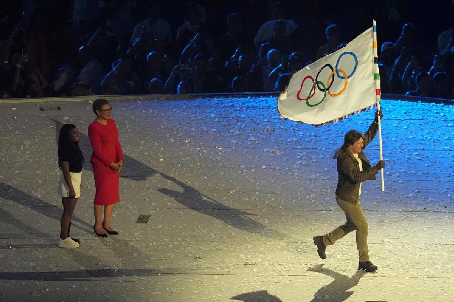 Actor Tom Cruise during the closing ceremony of the 2024 Summer Olympics at the Stade de France, in Paris, France, Sunday, Aug. 11, 2024