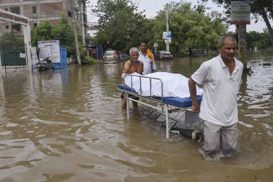 Health workers wade through a waterlogged area near a hospital after heavy rainfall, in Patna, Sunday, Aug. 11, 2024