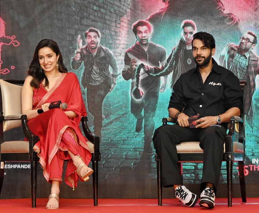 Actors Rajkummar Rao and Shraddha Kapoor address a news meet in Kolkata on Monday as a part of the promotion of their upcoming movie