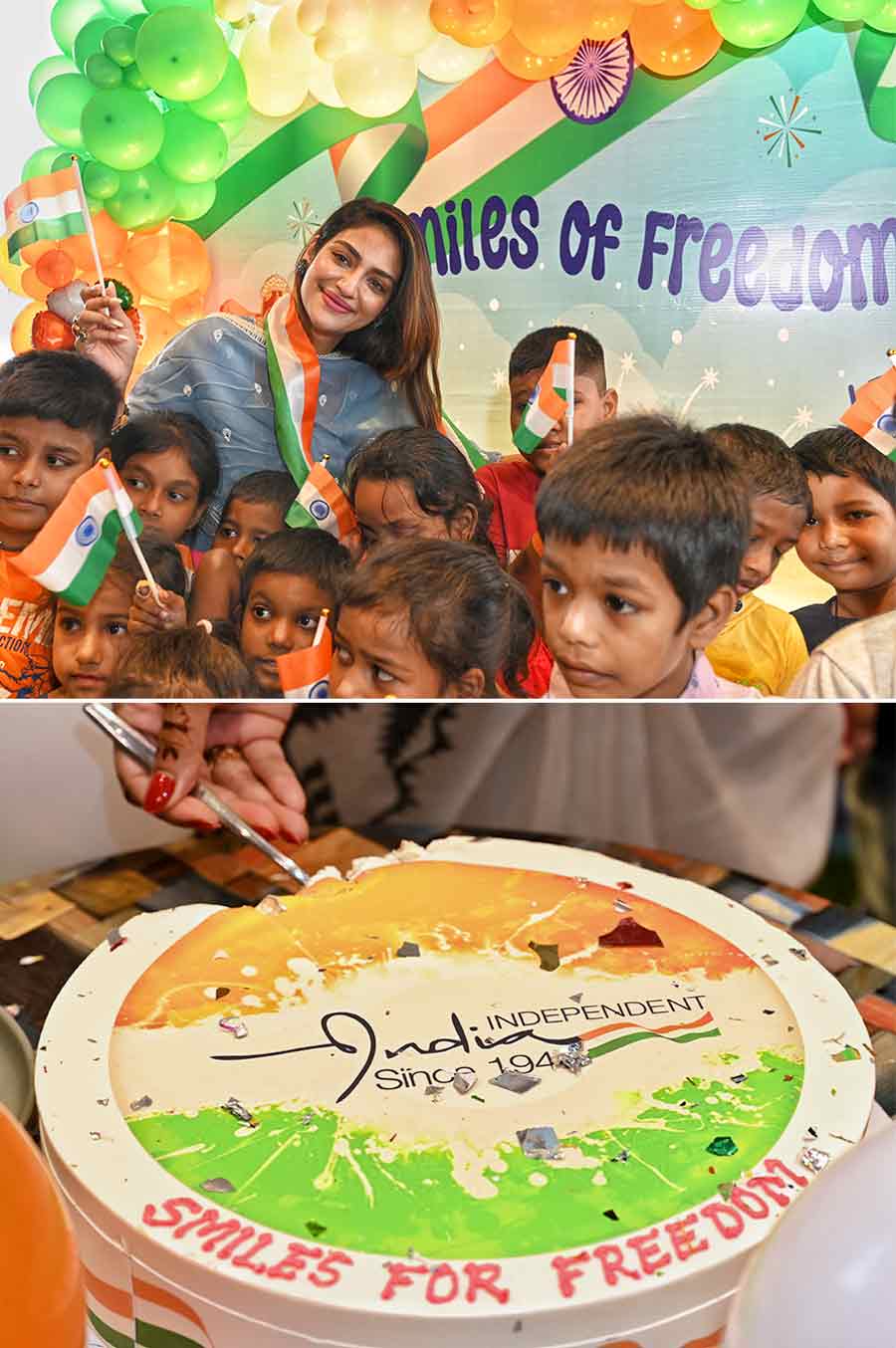 Somersault, an indoor playground and cafe on Acharya Jagadish Chandra Bose Road, in association with Ek Packet Umeed organised an event, 'Smiles of Freedom' to celebrate Independence Day with NGO kids on Monday. Actor Nusrat Jahan was present at the event spread cheer among the kids  