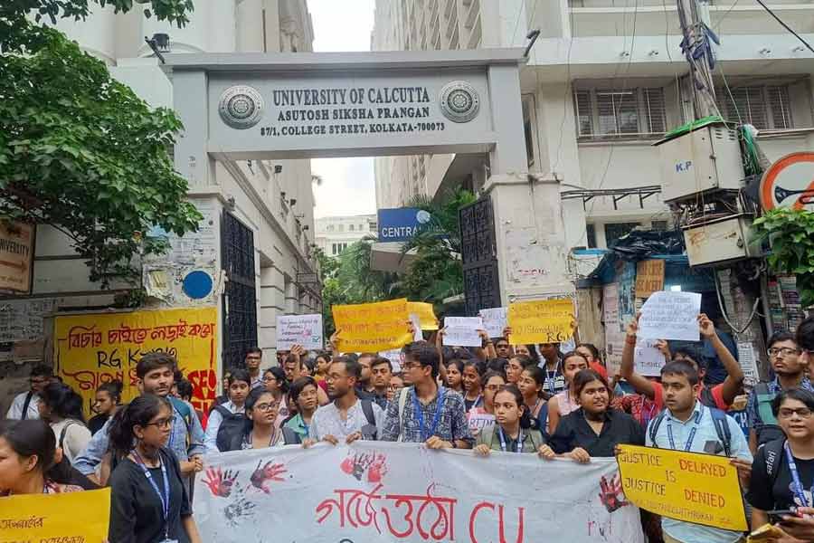 Student protesters in front of Calcutta University on Monday evening 