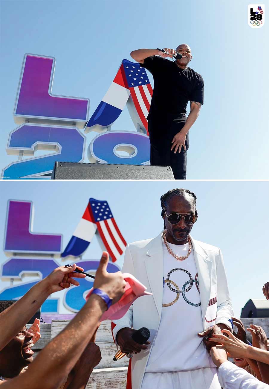 West Coast rap icons Snoop Dogg and Dr. Dre teamed up for a powerful performance of ‘The Next Episode’, bringing the energy of early 2000s hip-hop to the celebrations in LA. Snoop Dogg started his performance by rapping the verses of ‘Drop It Like It’s Hot’