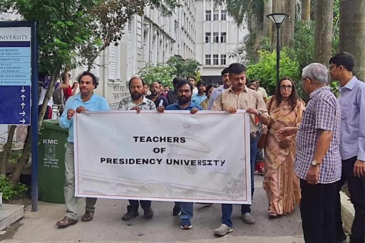 Teachers of Presidency University at a protest rally inside the campus on Monday morning