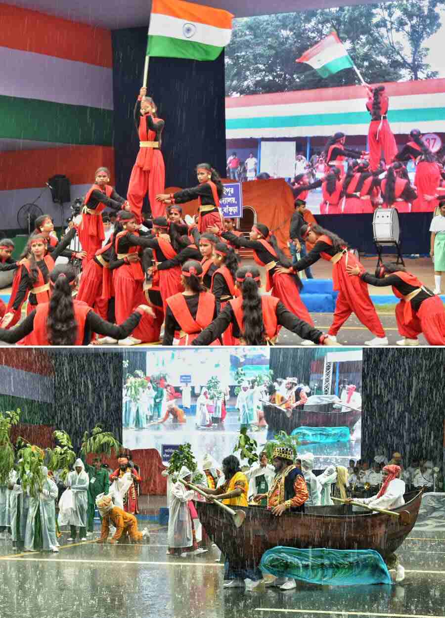 Two days ahead of the 78th Independence Day parade, a full dress rehearsal is conducted on Red Road in rain on Tuesday morning