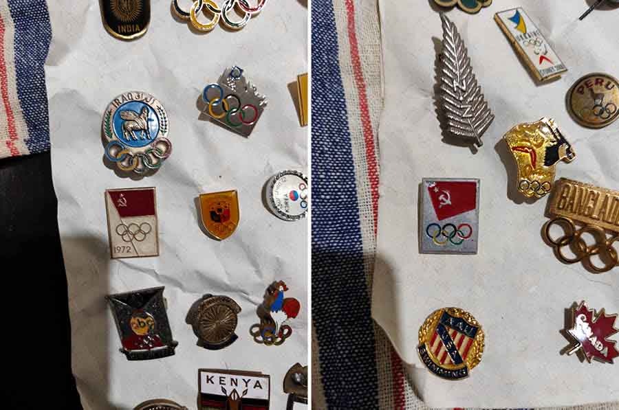 Pins from a country that doesn’t exist any longer. Gurbux Singh has a wide range of pins that he has collected at each Olympic village he has been to. Two of his many pins that cannot be seen at the Olympics anymore are that of Soviet Russia — the USSR. Gurbux Sing recognises the pins from USSR as the most unique in his collection